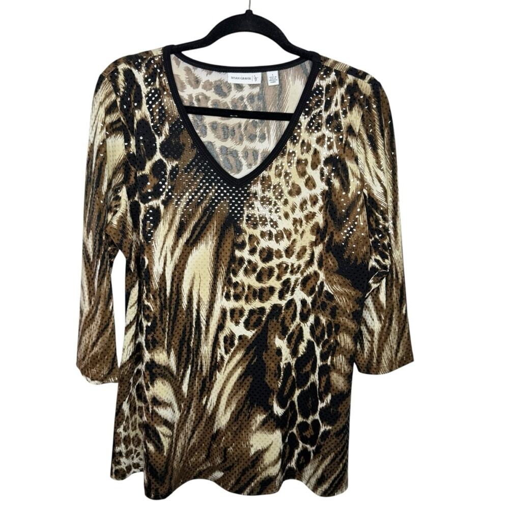 SUSAN GRAVER / brown black cheetah zebra animal printed sequin blouse / L